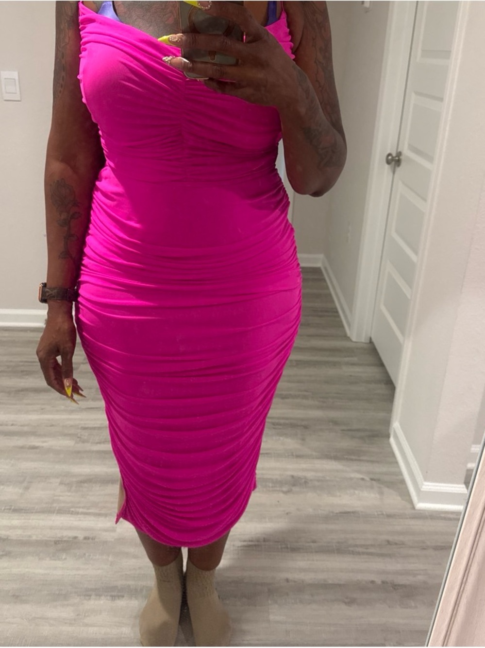 Fashion Nova Ruched Bodycon Midi Dress in Hot Pink